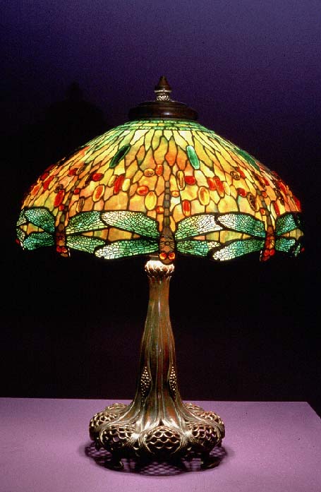 Hanging-head Dragonfly Lamp, c. 1900-1910, leaded glass, cabochon glass jewels, metal filagree, patinated bronze, 30 1/2 x 22 inches